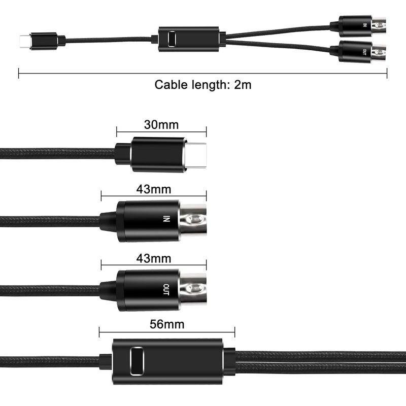 XMSJSIY MIDI to USB C Type-C Interface Cable Adapter 5 Pin MIDI to Type-C Input&Output Adapter Cord Converter for Piano Keyboard to PC Mac Laptop with LED Indicator -2M/6.5FT - Image 2